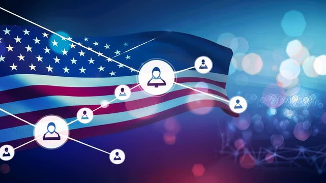 American workforce connected via digital network.  A stylized image of the American flag overlaid with interconnected user profiles, symbolizing digital workforce connections in the US