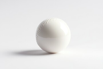 A pristine white baseball sits on a plain white surface