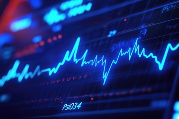 Fluctuating market data on a digital display.  Dynamic trends depicted by glowing blue lines amidst a complex network of numbers and indicators.  Detailed information is visible across the screen
