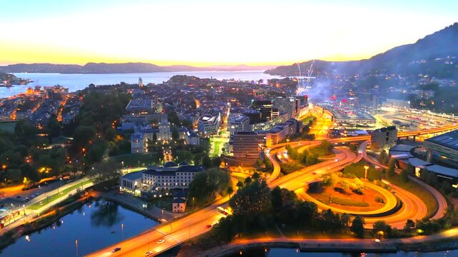 Fireworks in Bergen on Constitution Day May 17, aerial view, Norway
