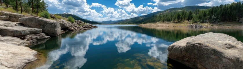 Fototapeta premium Scenic view of lake in pine forest with summer growth concept. Serene lake reflecting clouds and mountains under blue sky.
