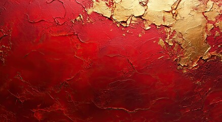 Vibrant Abstract Texture Featuring Deep Red and Metallic Gold Splashes Creating a Rich, Luxurious Visual Experience that Evokes Warmth and Elegance