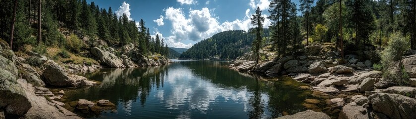 Scenic view of lake in pine forest with summer growth concept. Scenic view of tranquil lake surrounded by lush mountains.
