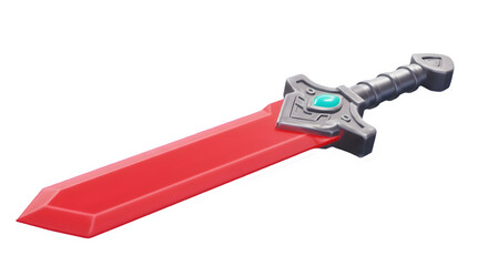 Crimson fantasy sword with a teal gem.  Ready for adventure! 3D icon, plastic illustration style on transparent or white background