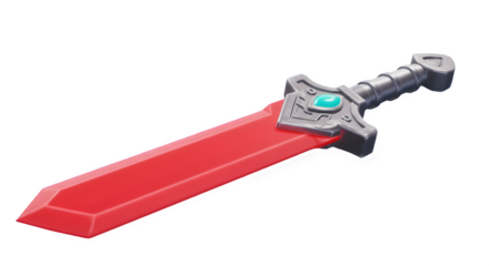 Crimson fantasy sword with a teal gem.  Ready for adventure! 3D icon, plastic illustration style on transparent or white background