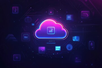 Futuristic cloud computing graphic.  Surrounded by various data icons on a dark circuit board background