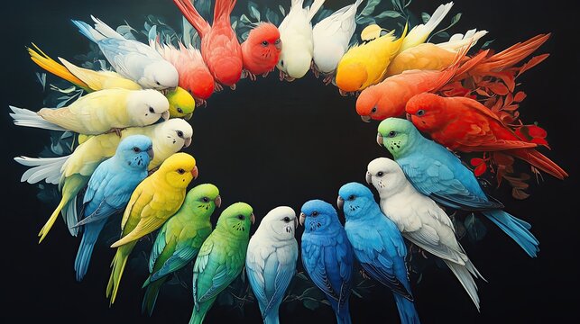 Colorful parakeets arranged in a vibrant circle.
