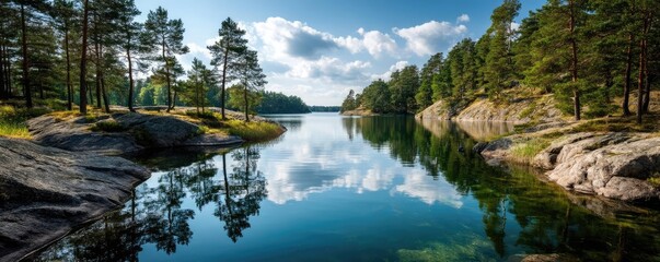 Scenic view of lake in pine forest with summer growth concept. Serene lake reflecting trees and clouds in a peaceful environment.