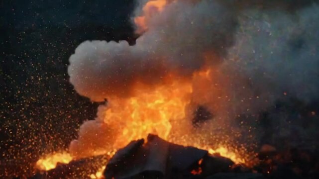 Abstract bright fiery sparks and dark gray bonfire smoke with fire