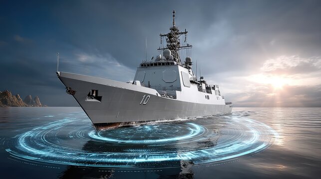 Military warship on open water