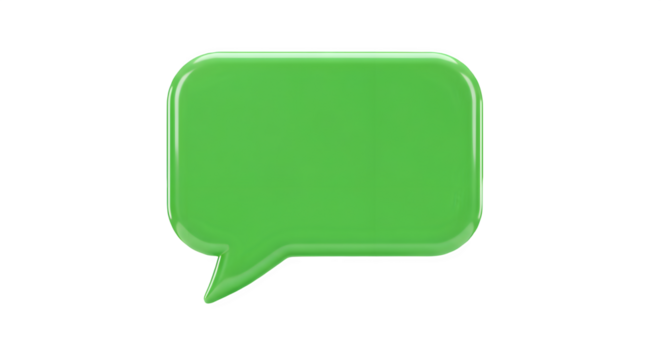 Bright green speech bubble, perfect for communication concepts. 3D icon, plastic illustration style on transparent or white background