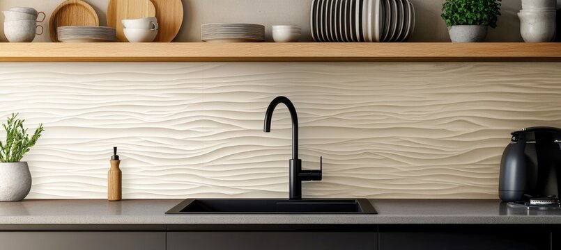 Modern kitchen with a beige, textured backsplash and black fixtures