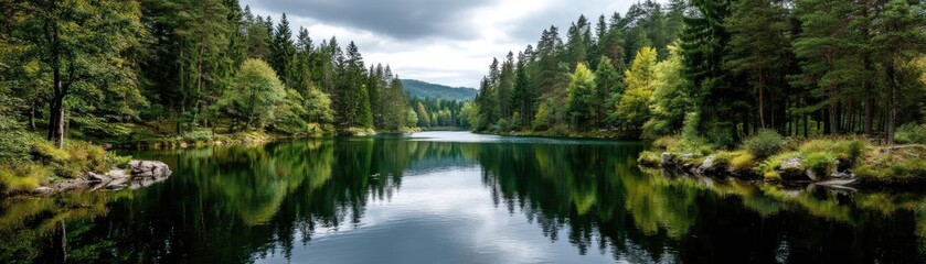 Obraz premium Scenic view of lake in pine forest with mountain and park concept. Serene lake reflection surrounded by lush green trees and hills.