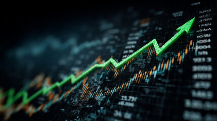 A dynamic digital visualization of a green arrow soaring upward across a financial graph, symbolizing strong business growth and a positive market trend. Generative AI