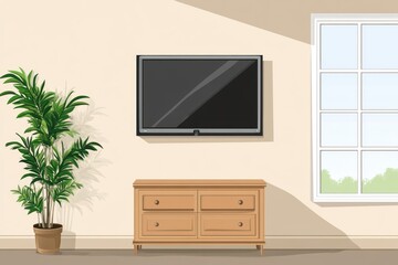 Interior living room scene with a television and cabinet