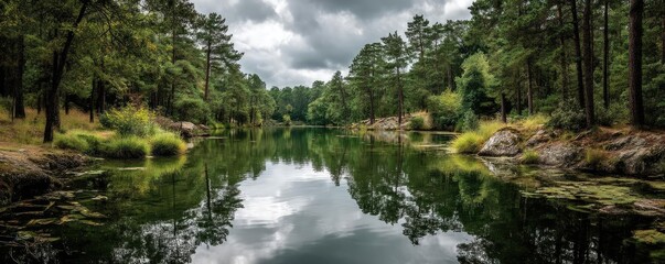 Fototapeta premium Scenic view of lake in pine forest with mountain and park concept. Serene lake reflecting trees under a moody sky.