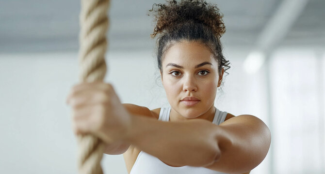 Plus size woman focused on training with battle ropes in the gym, showcasing strength and determination. Generated image