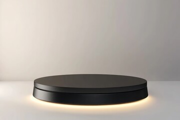 Empty black circular pedestal with soft lighting