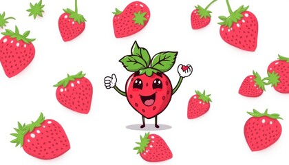 loving strawberry plant mascot logo with cartoon berries on a white background