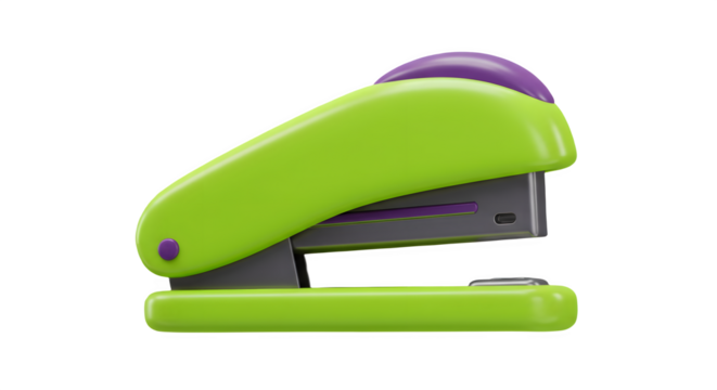 Bright green stapler with purple accents. Perfect for office or school supplies. 3D icon, plastic illustration style on transparent or white background