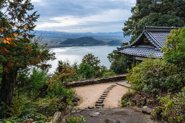 Fototapeta premium Panoramic view on Lake Biwa from the beaujtiful Chomeiji Temple, near the town of Omihachiman. Shiga Prefecture, Japan.