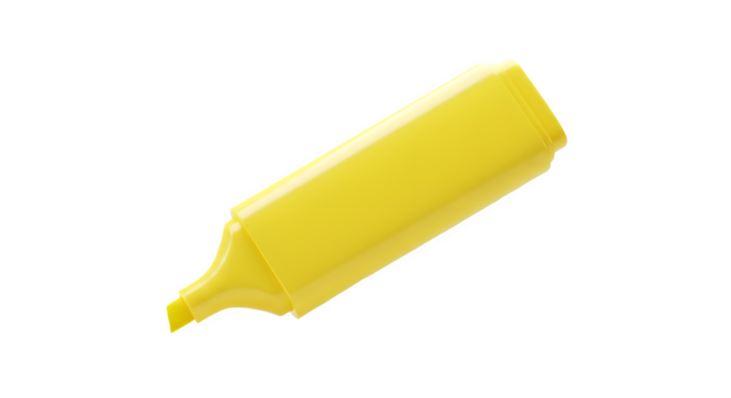 Bright yellow highlighter ready to mark important text. 3D icon, plastic illustration style on transparent or white background