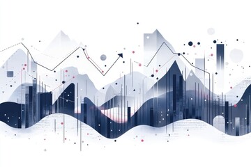 Abstract graphic depicting economic trends and cityscapes, overlaid with data visualizations