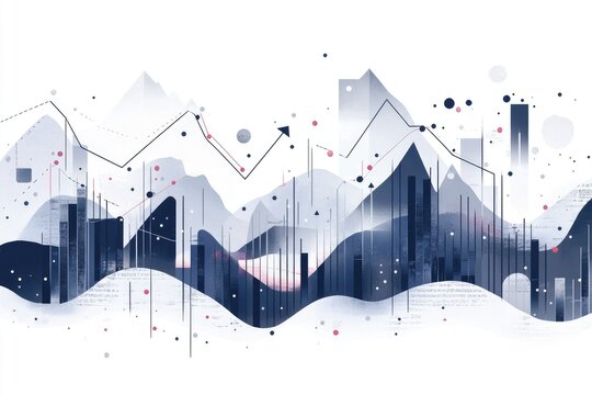 Abstract graphic depicting economic trends and cityscapes, overlaid with data visualizations - Powered by Adobe