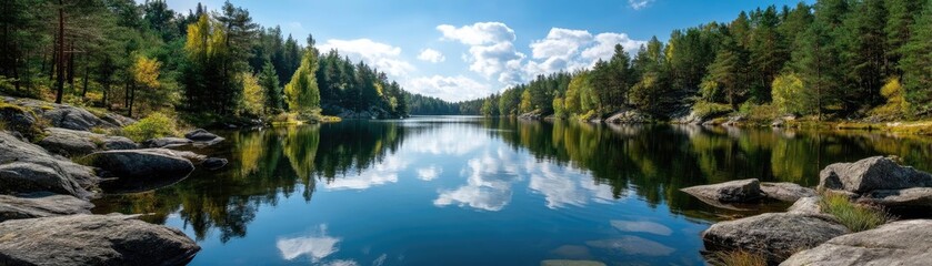 Obraz premium Scenic view of lake in pine forest with summer growth concept. A serene lake reflecting trees and clouds under a bright sky.