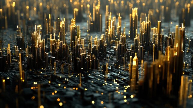 Futuristic golden cityscape abstract 3 d render of interconnected towers