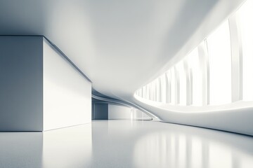 Modern, minimalist interior hallway with expansive windows