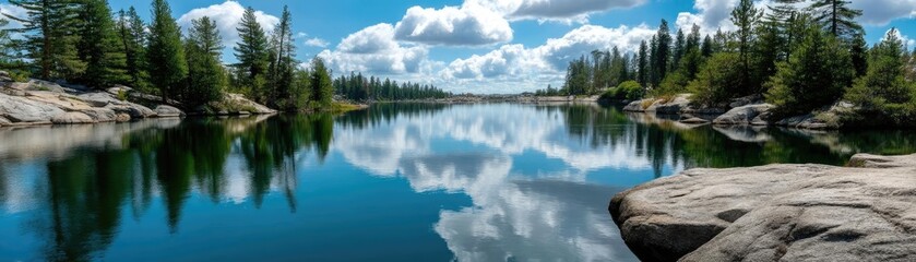 Fototapeta premium Scenic view of lake in pine forest with summer growth concept. Serene lake reflecting trees and vibrant sky in tranquil nature.