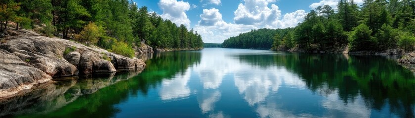 Scenic view of lake in pine forest with summer growth concept. Serene lake reflecting trees and clouds under a bright sky.