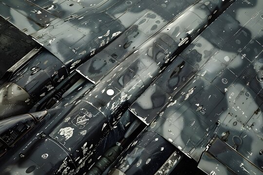 the Weathered Surface of a Fighter Jet: A Detailed Examination of its Exterior Panels, Showing Damage and Wear, Revealing the Aircraft's History Through its Patina, Highlighting the Technological Marv