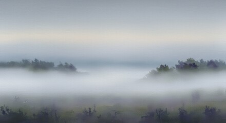 Fototapeta premium Misty Morning Landscape Serene Fog Rolling Through Fields and Trees