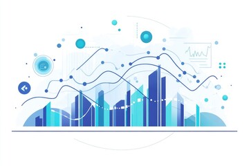 Abstract representation of data trends and financial growth.  Data visualization of market fluctuations,  with various graphs and charts overlaid on a stylized cityscape background