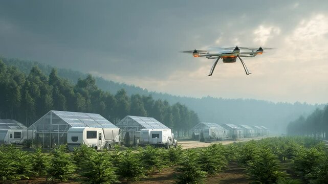Robotic bees pollinating crops next to a solar-powered research station, scientists monitoring data on pollinator decline solutions