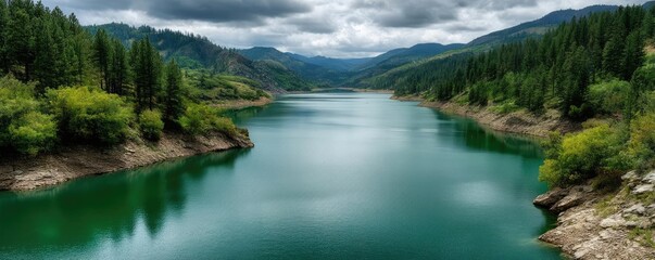Fototapeta premium Scenic view of lake in pine forest with mountain and park concept. Serene river surrounded by lush greenery and mountains.