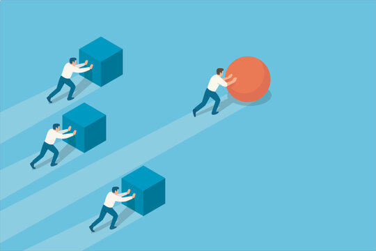 Leadership and smart work concept. A businessman moves faster with a red ball while others push cubes. Vector illustration.
