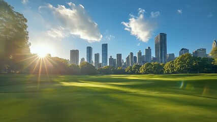 Vibrant Green Park and Distant Modern Skyline with Sunburst Light and Dramatic Cloudscape under Blue Sky