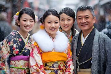 Japanese family wearing traditional kimono smiling under the snow