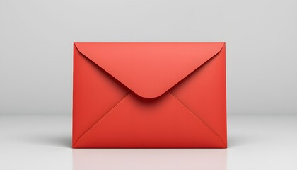 A bright red envelope with a triangular flap, placed on a light  gray surface. 