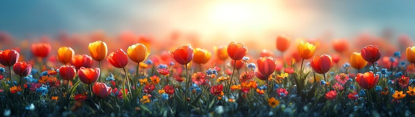 Fototapeta premium Vibrant Red and Orange Tulips in a Sunlit Field