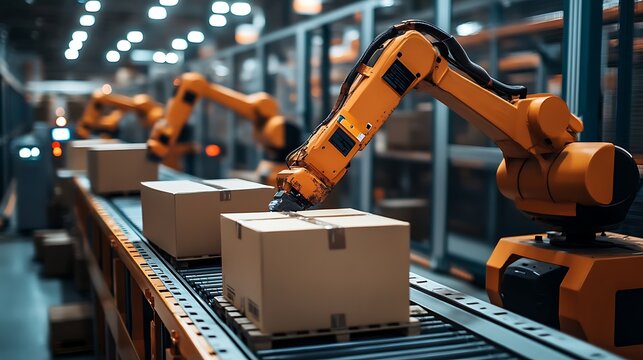 warehouse solutions automated packaging station robotic arms sealing boxes conveyor belts moving efficiently workers monitoring process digital dashboards bright spacious warehouse environment