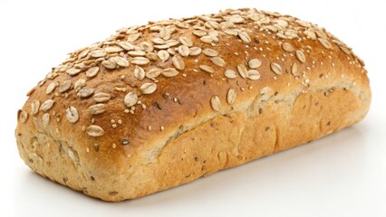 Freshly baked oat-topped bread loaf on a light background.