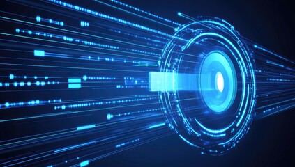 Abstract digital art with glowing circular interface and data streams