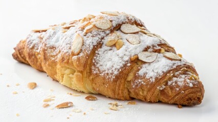 Freshly baked croissant dusted with powdered sugar and topped with sliced almonds.