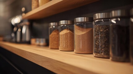 Kitchen pantry shelves with spices and coffee maker