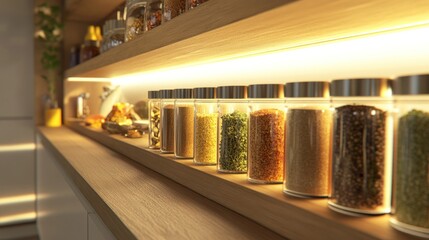 Spices jars on kitchen shelf, warm light, cooking