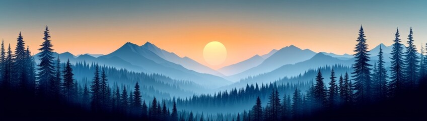 Obraz premium Serene Sunset Over Blue Mountains and Dark Forest Silhouette